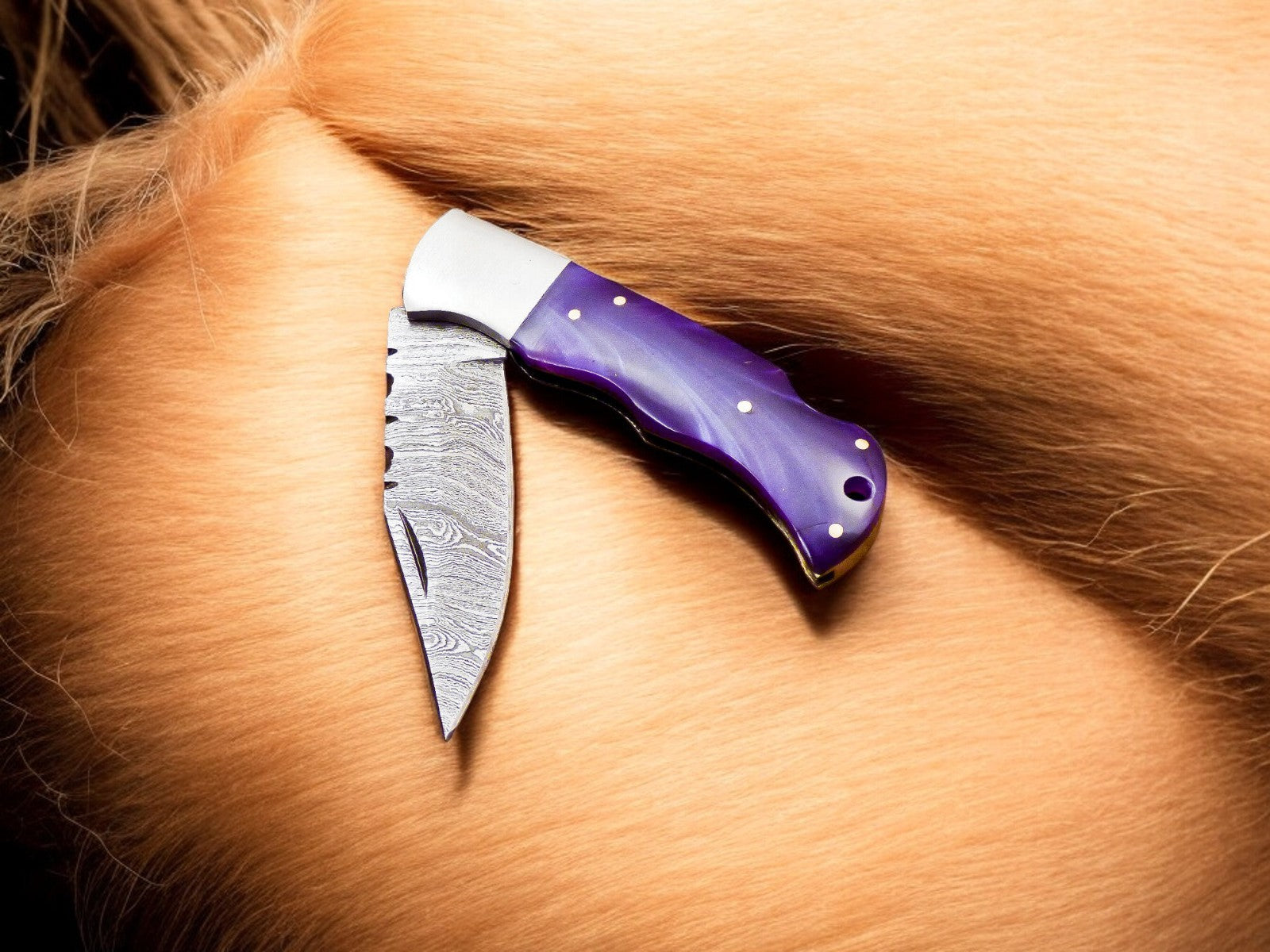 Custom Handmade Damascus Pocket Knife – Colored Bone Handle Damascus Knife Store