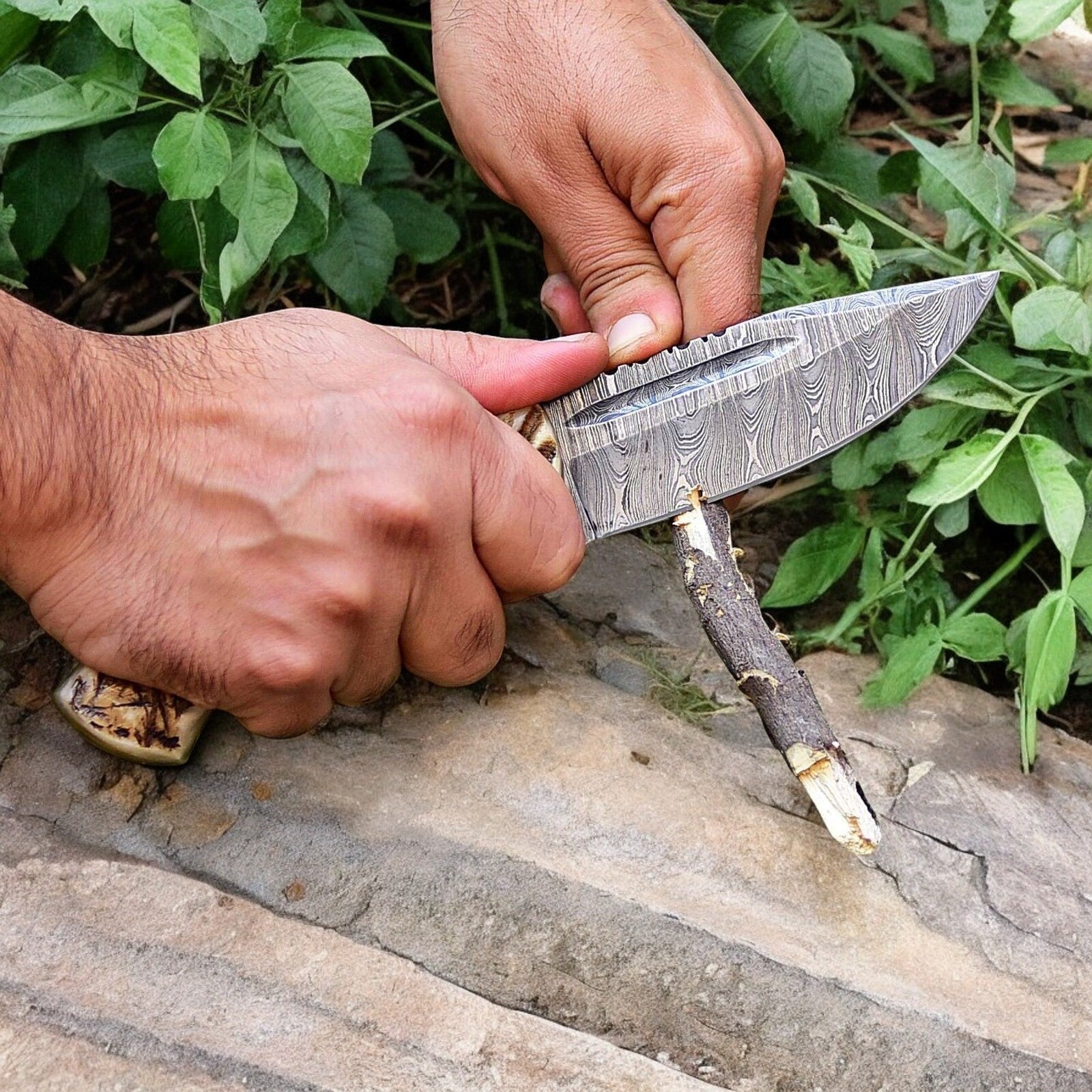 Handmade Damascus Hunting Knife with Sheep Horn Handle Damascus Knife Store
