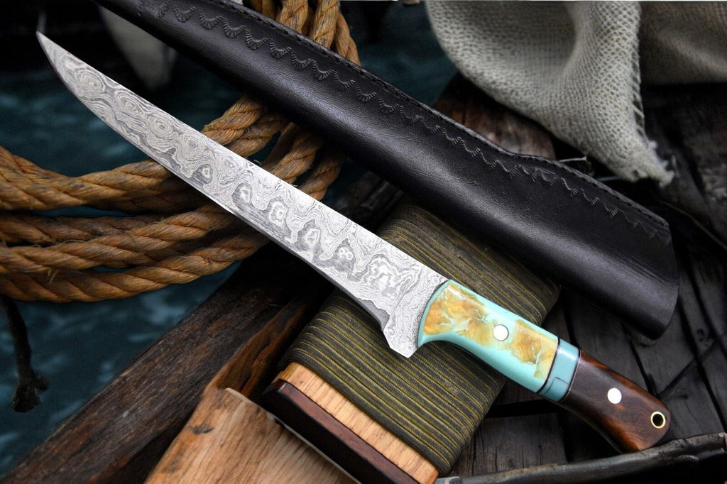 Handmade Damascus Fillet Knife – Rosewood & Resin Handle Damascus Knife Store