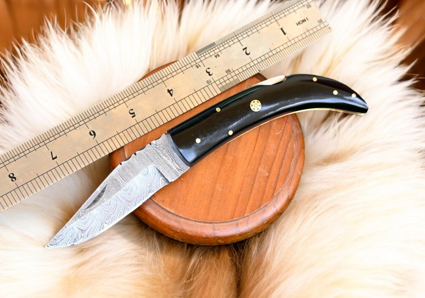 Handmade Damascus Steel Pocket Knife with Buffalo Horn Damascus Knife Store
