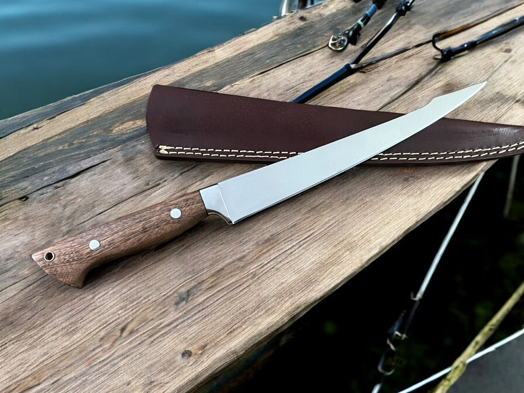Handmade Fillet Knife with Walnut Wood Handle – 13.6" Damascus Knife Store