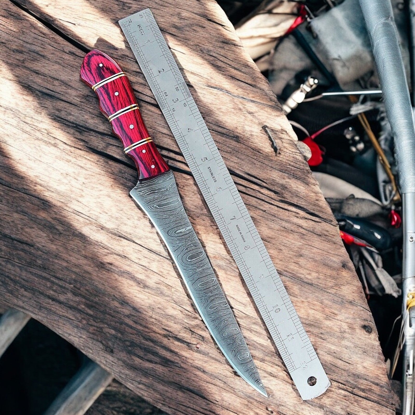 Handmade Damascus Fillet Knife – 12" with Exotic Wood Handle Damascus Knife Store