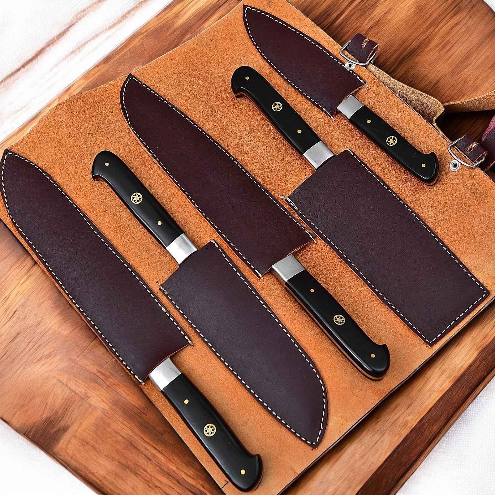 Handmade Damascus Kitchen Knives Set – Buffalo Horn Handle Damascus Knife Store