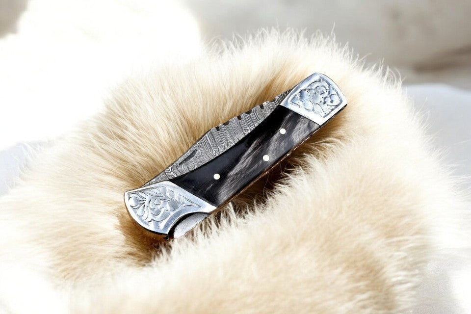 Custom Handmade Damascus Pocket Knife with Buffalo Horn Handle Damascus Knife Store