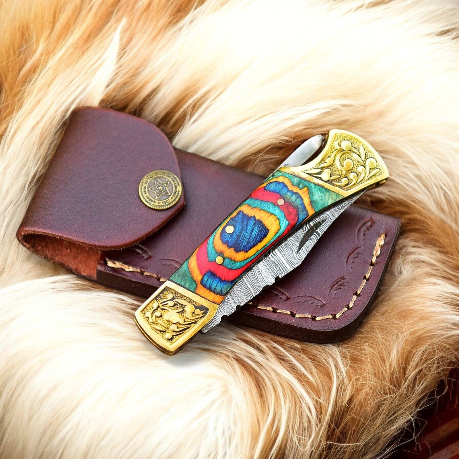 Custom Handmade Damascus Pocket Knife with Multi-Color Wood Handle Damascus Knife Store