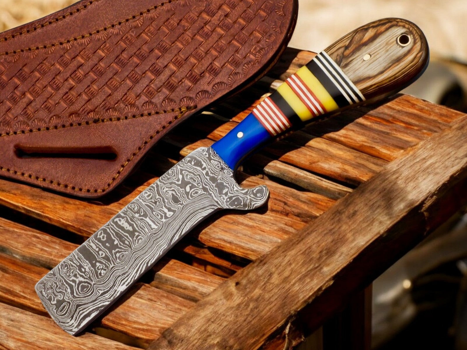 Custom Handmade Bull Cutter Knife – Damascus Steel, 8" Damascus Knife Store