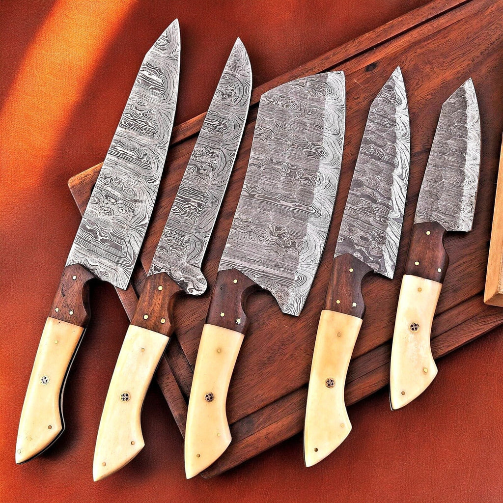 Handmade Damascus Kitchen Knives Set – Bone & Rosewood Damascus Knife Store