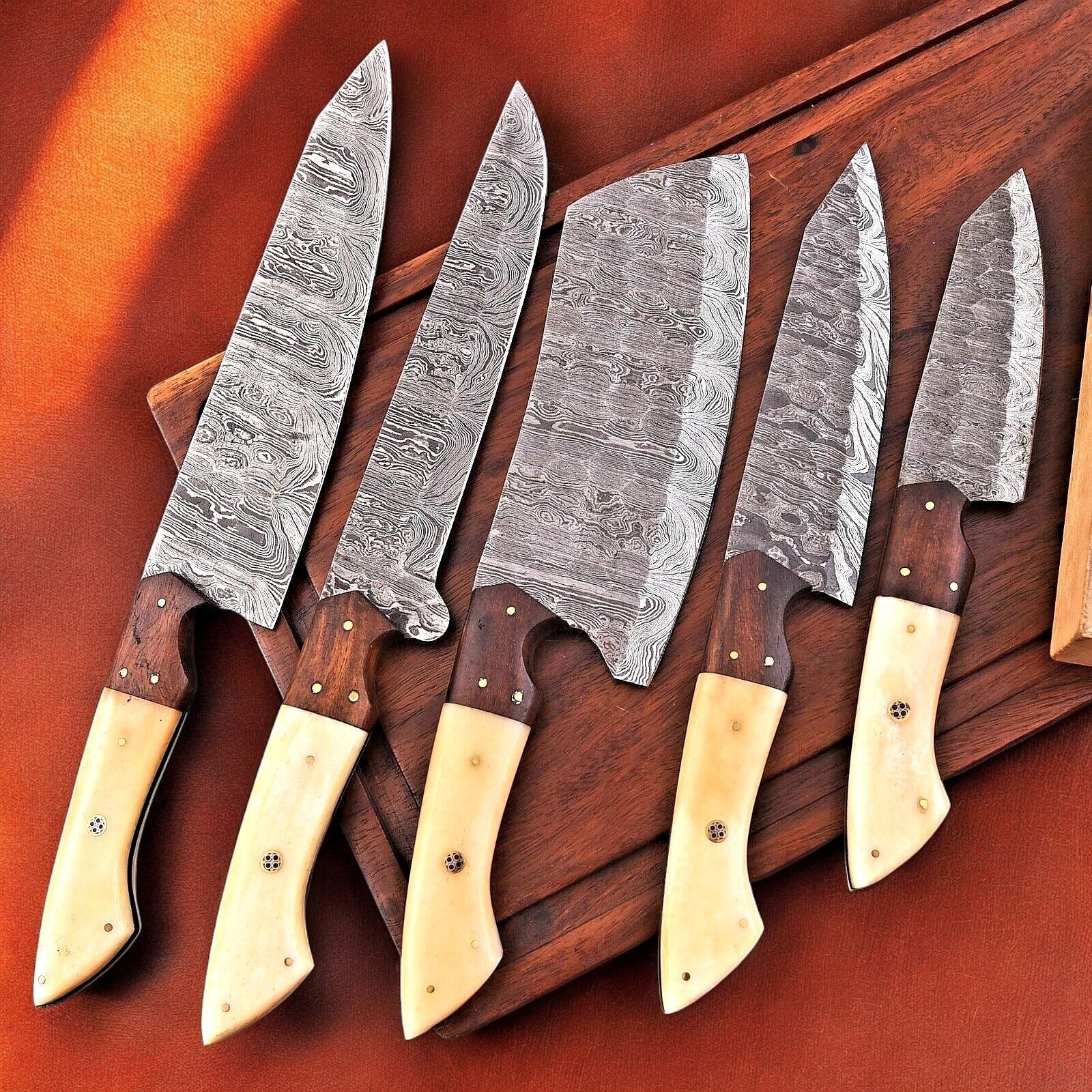 Handmade Damascus Kitchen Knives Set – Bone & Rosewood Damascus Knife Store