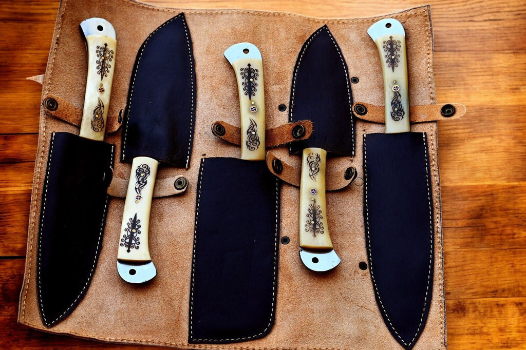 Handmade Damascus Kitchen Knives Set with Engraved Bone Damascus Knife Store