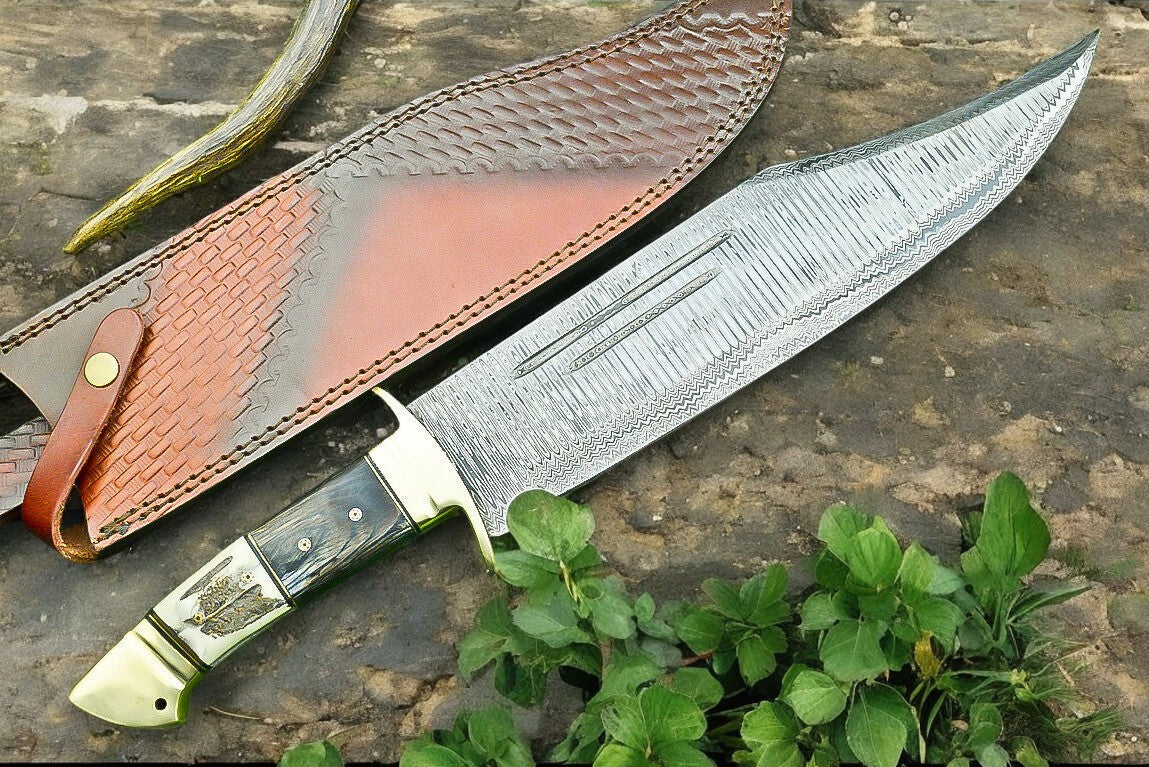 Handmade Damascus Bowie Knife | 16" Antler Horn Handle Damascus Knife Store