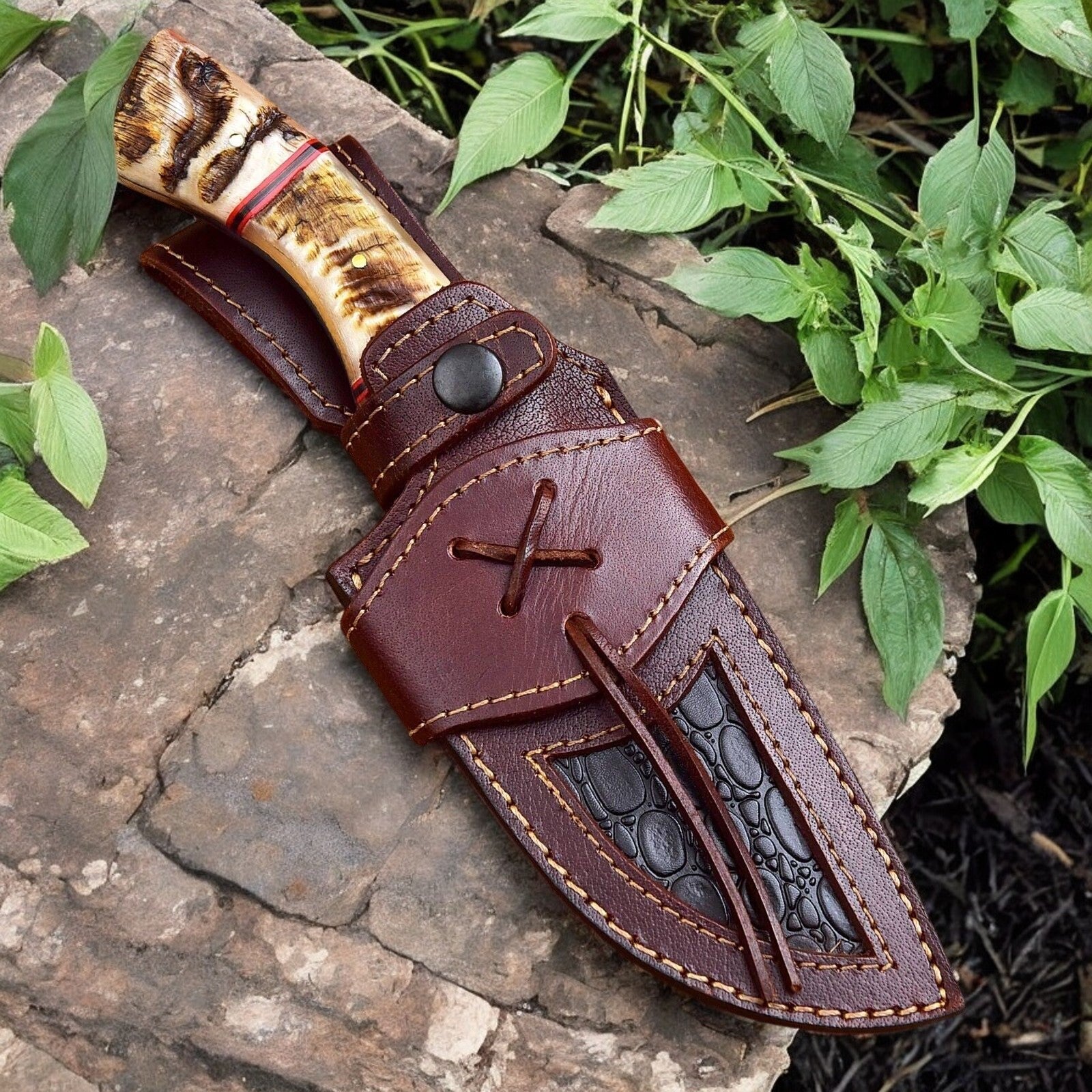 Handmade Damascus Hunting Knife with Sheep Horn Handle Damascus Knife Store
