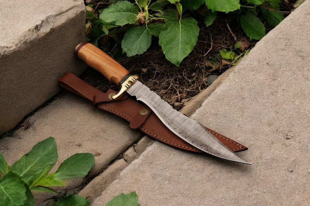 Handmade Damascus Bowie Knife with Olive Wood Handle Damascus Knife Store
