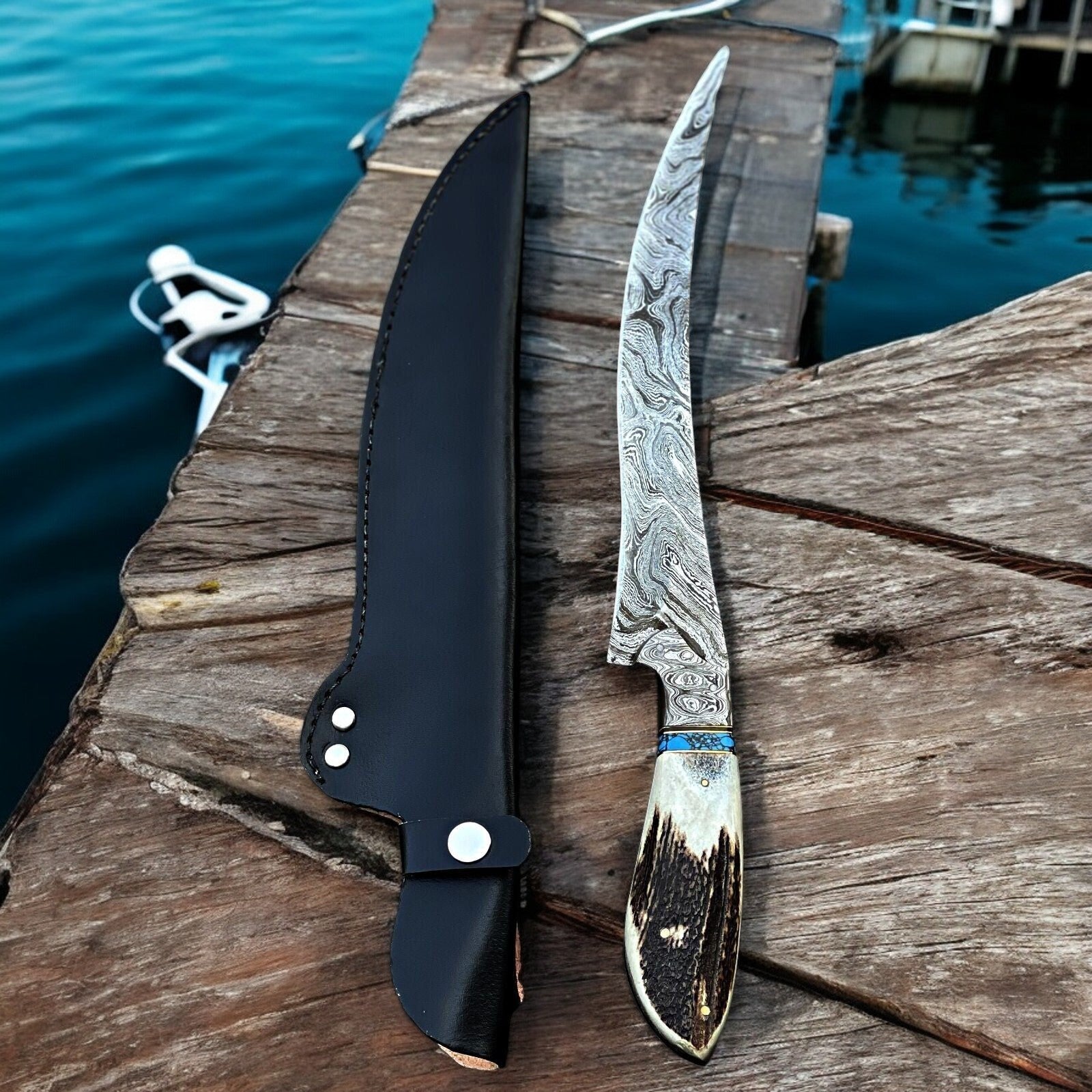 Premium Damascus Fillet Knife – Antler Horn Handle, 13" Damascus Knife Store