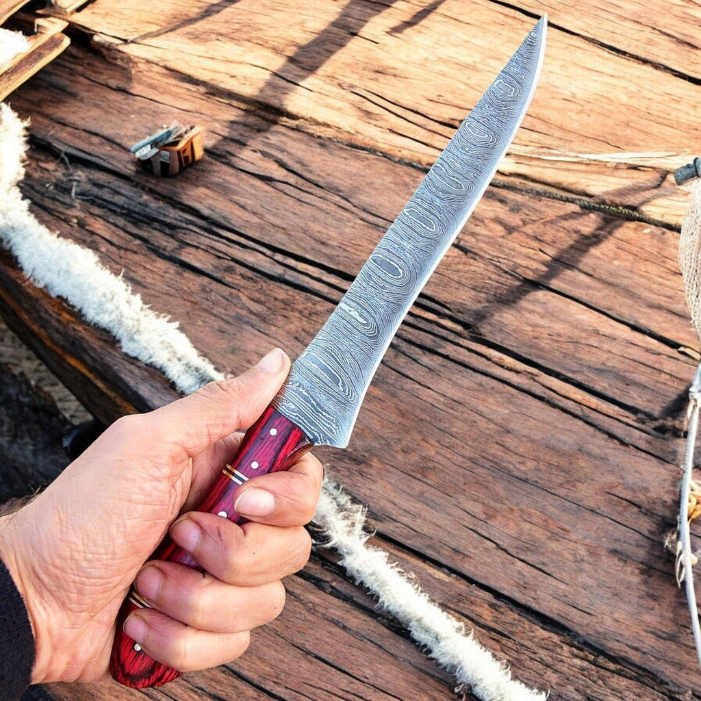 Handmade Damascus Fillet Knife – 12" with Exotic Wood Handle Damascus Knife Store