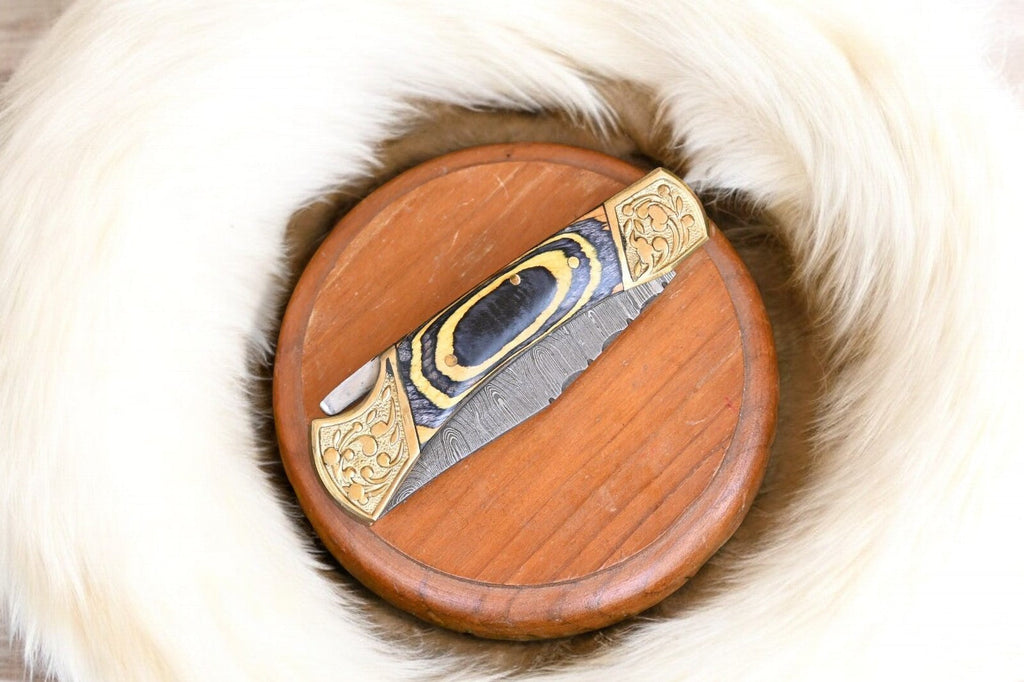 Handmade Damascus Folding Knife – Exotic Wood Handle Damascus Knife Store