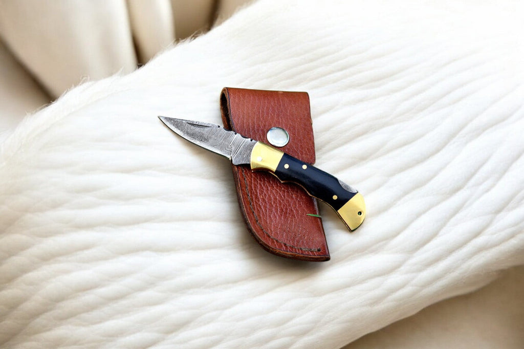 Custom Handmade Damascus Pocket Knife with Buffalo Horn Damascus Knife Store