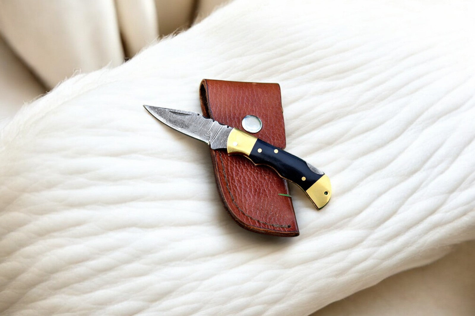 Custom Handmade Damascus Pocket Knife with Buffalo Horn Damascus Knife Store