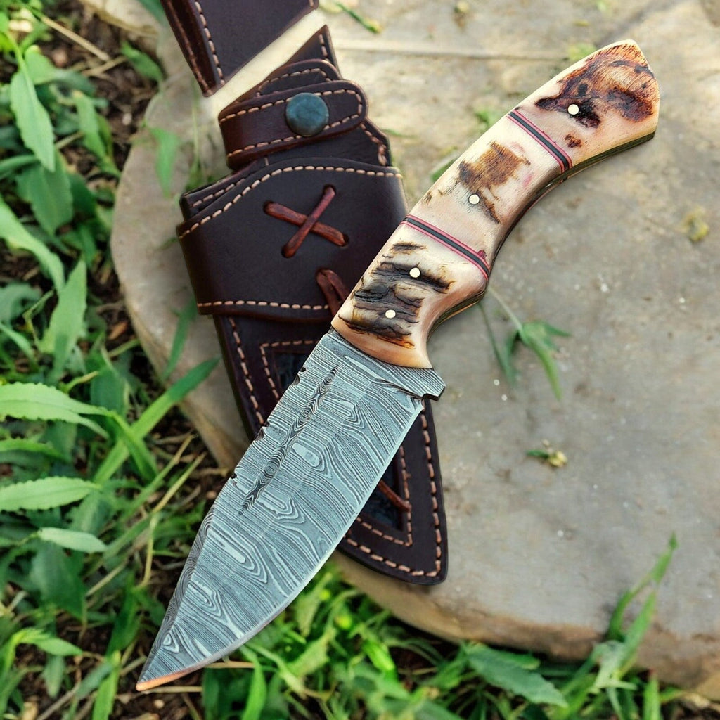 Handmade Damascus Hunting Knife with Sheep Horn Handle Damascus Knife Store