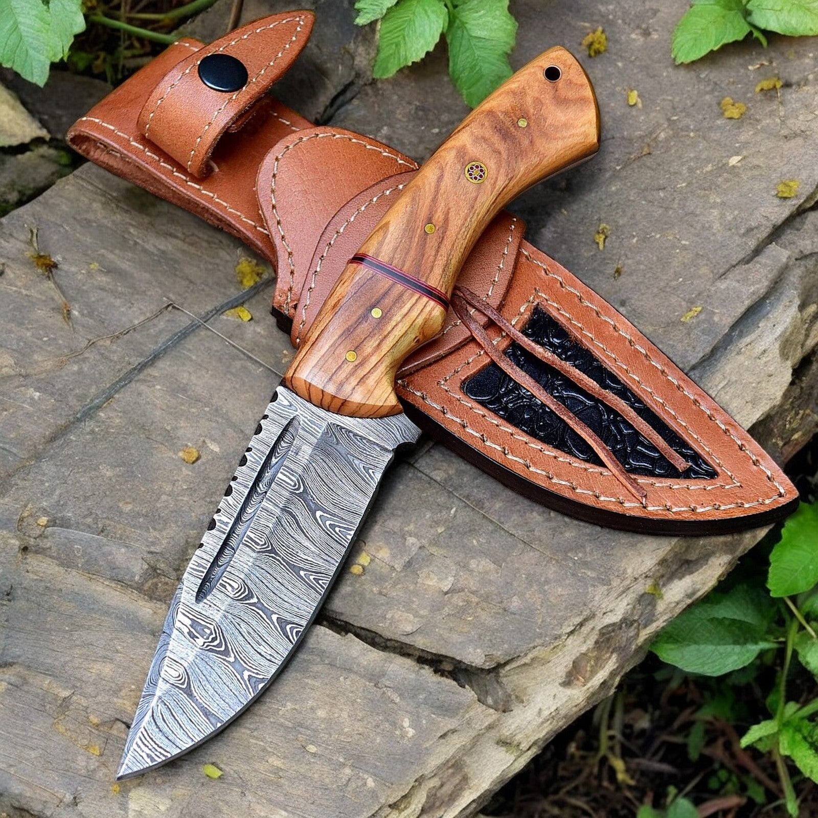 Custom Handmade Damascus Hunting Knife – Olive Wood Handle Damascus Knife Store