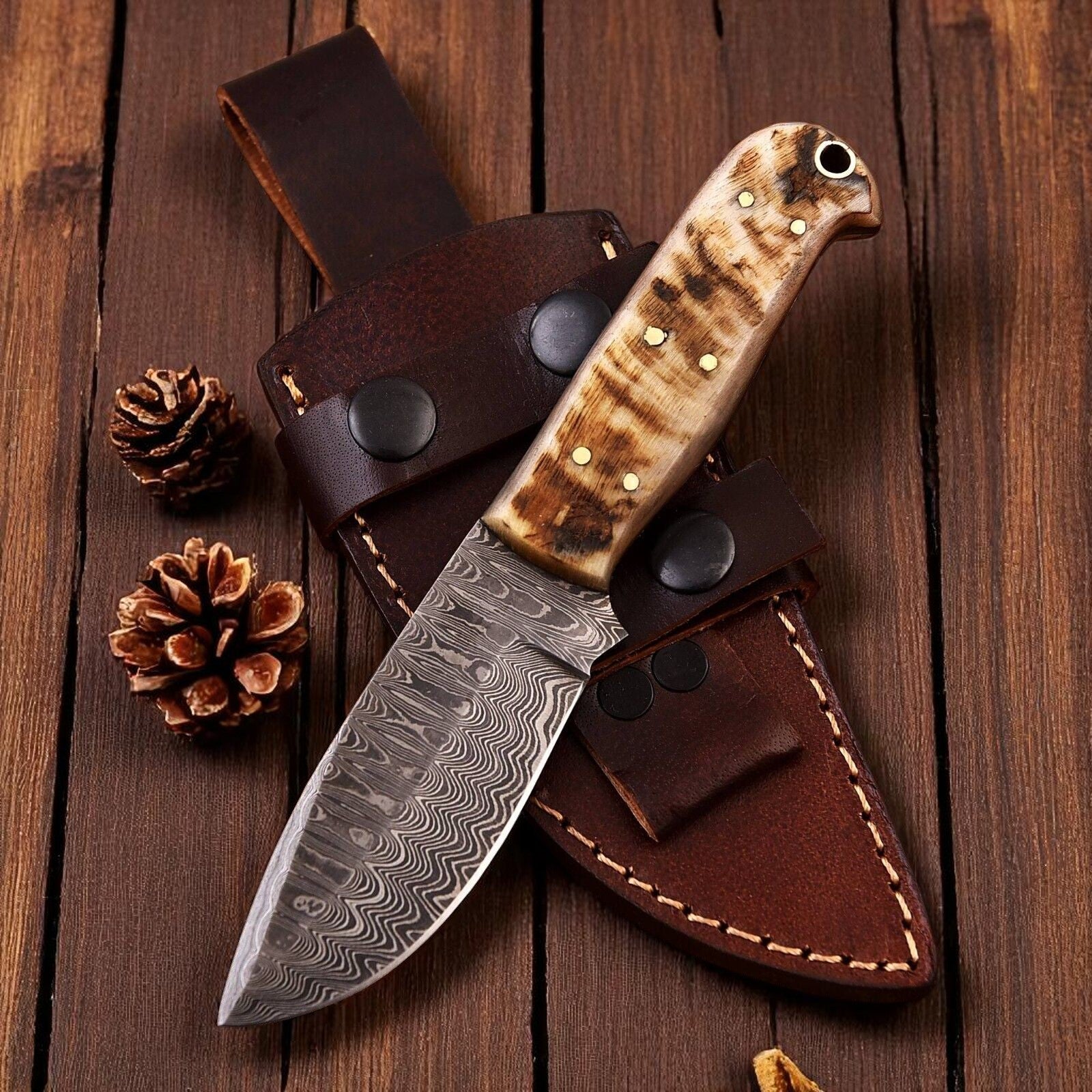 Handmade Damascus Hunting Knife with Sheep Horn Handle Damascus Knife Store