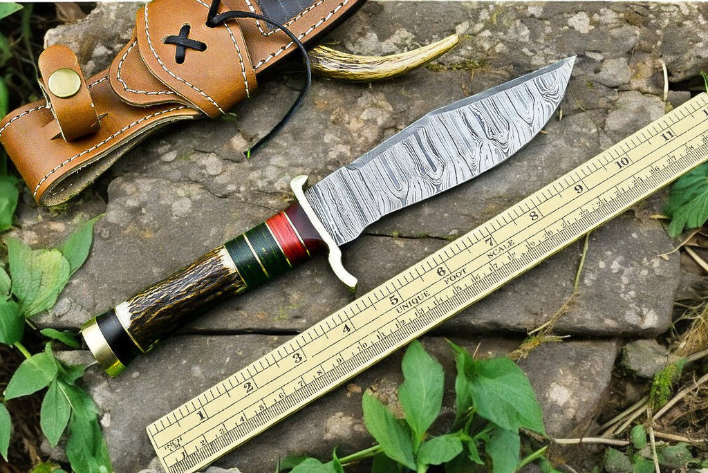 Handmade Damascus Hunting Knife – Antler & Wood Handle Damascus Knife Store