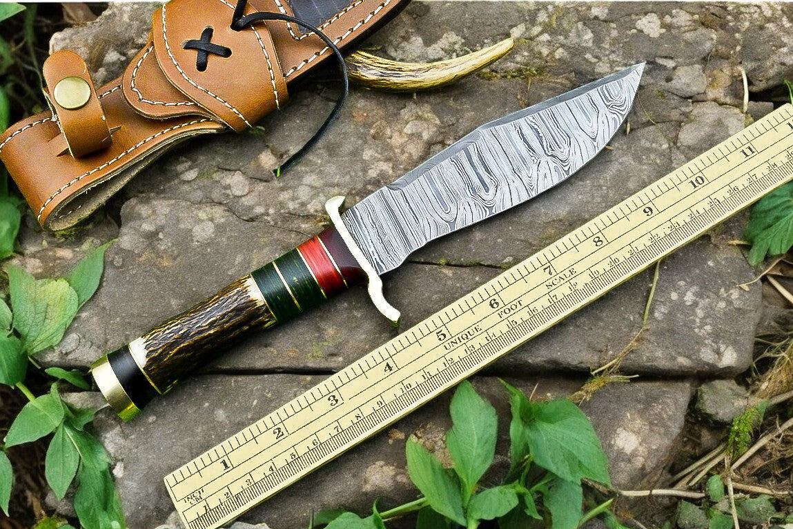 Handmade Damascus Hunting Knife – Antler & Wood Handle Damascus Knife Store