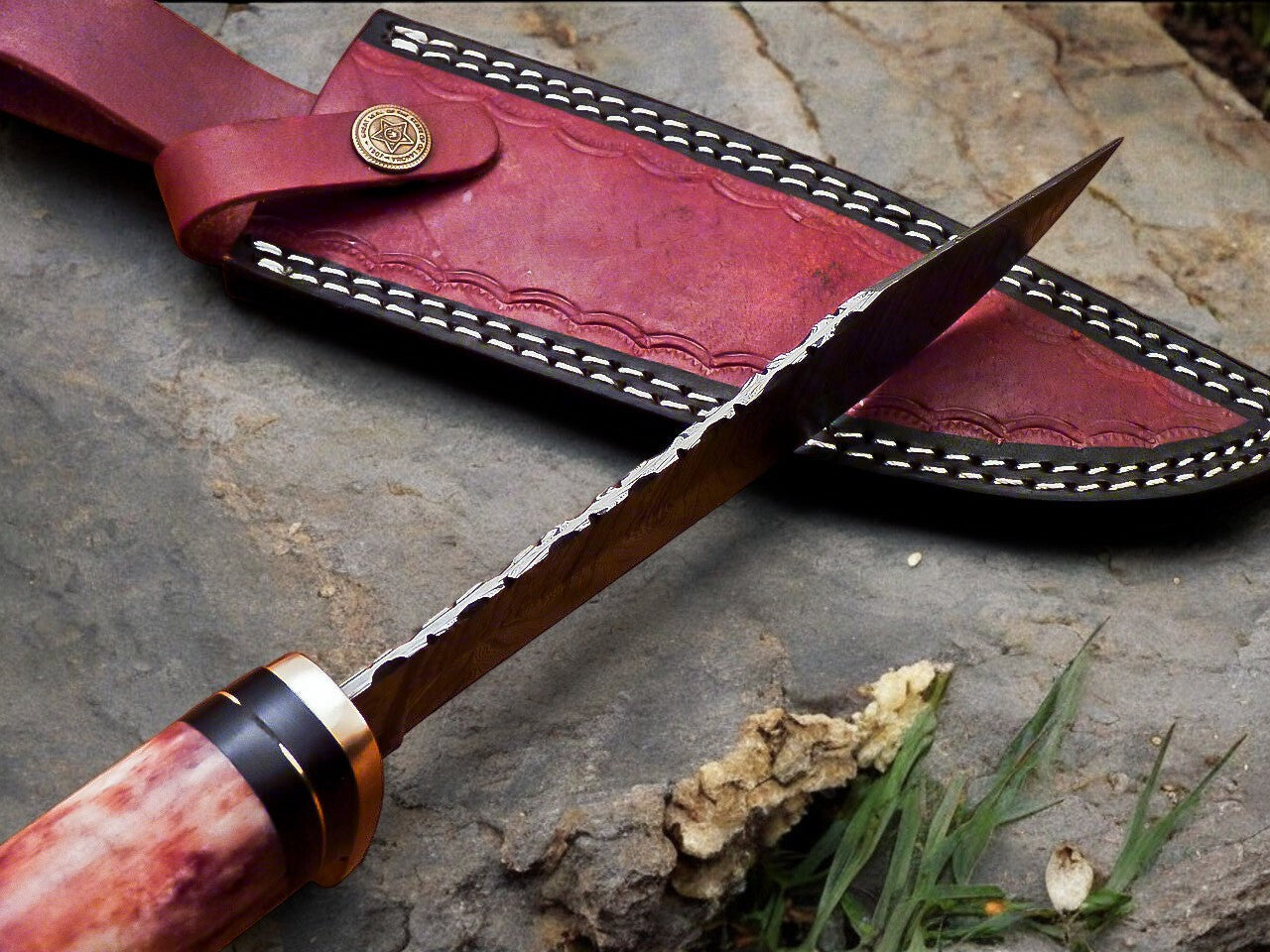 Handmade Damascus Hunting Knife – 12" with Bone Handle Damascus Knife Store