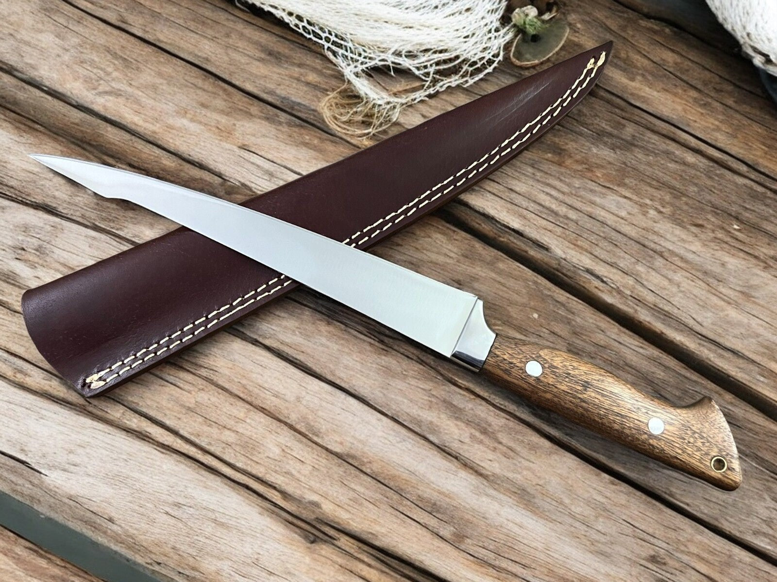 Handmade Fillet Knife with Walnut Wood Handle – 13.6" Damascus Knife Store