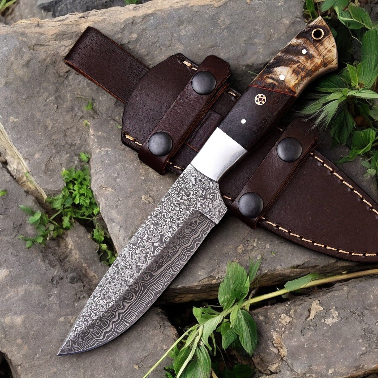 Handmade Damascus Hunting Knife | Sheep Horn & Rosewood Damascus Knife Store