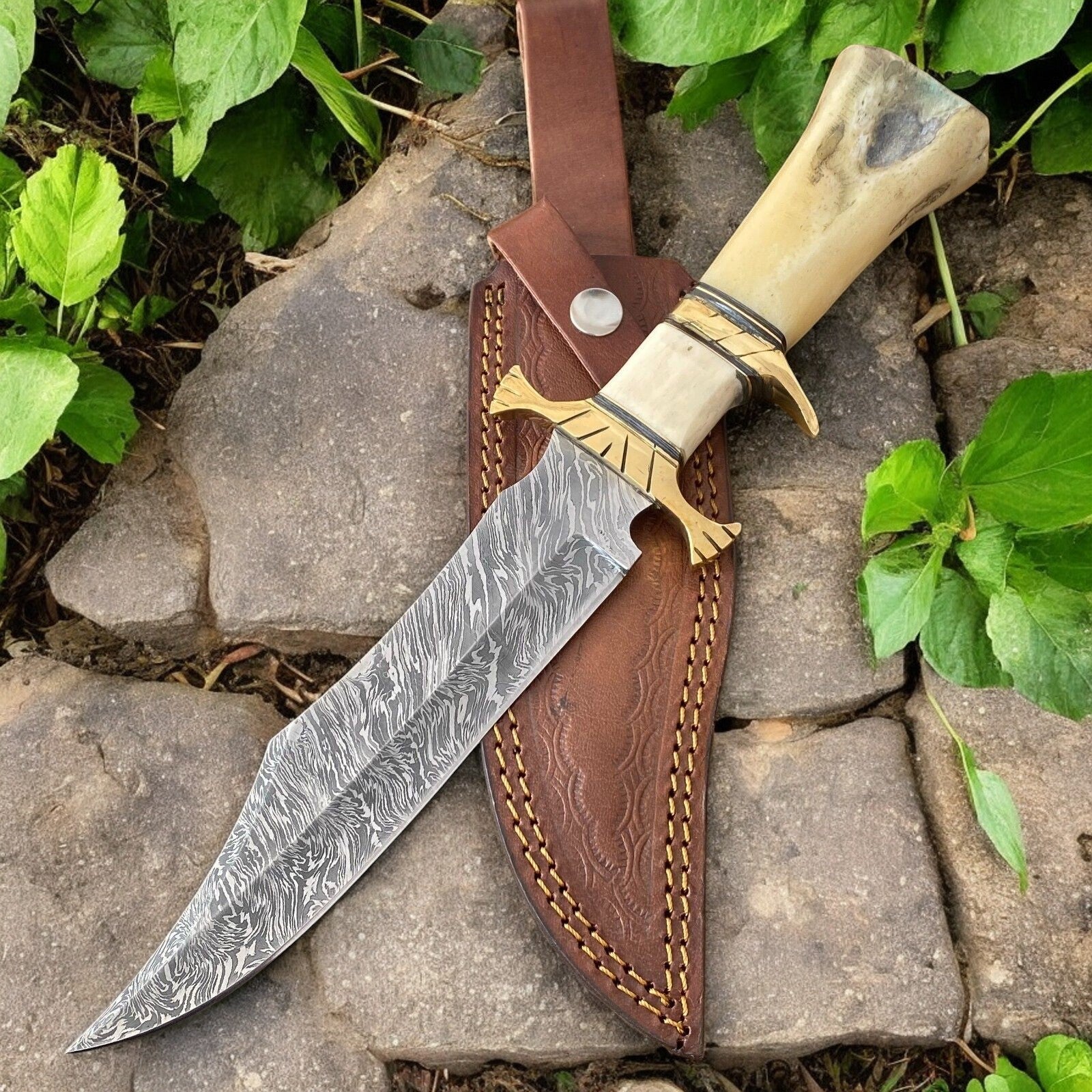 Handmade Damascus Bowie Knife – 10" Bone Handle Blade Damascus Knife Store