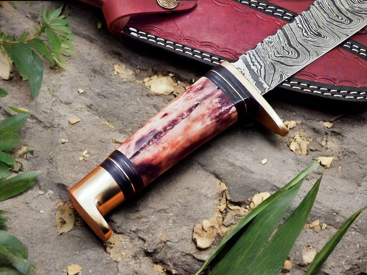 Handmade Damascus Hunting Knife – 12" with Bone Handle Damascus Knife Store