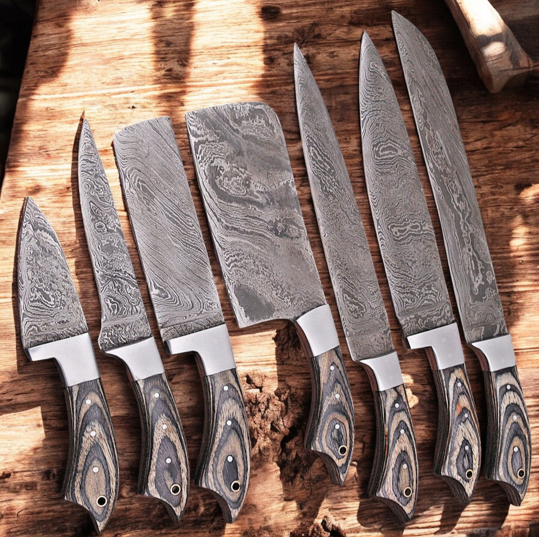 Handmade Damascus Kitchen Knives Set – Exotic Wood Handles Damascus Knife Store