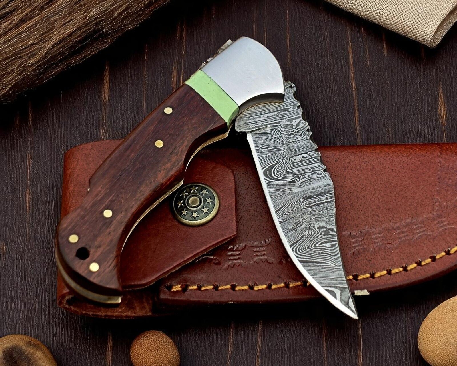 custom folding Knives - Rosewood Back Lock 3" Blade Damascus Knife Store