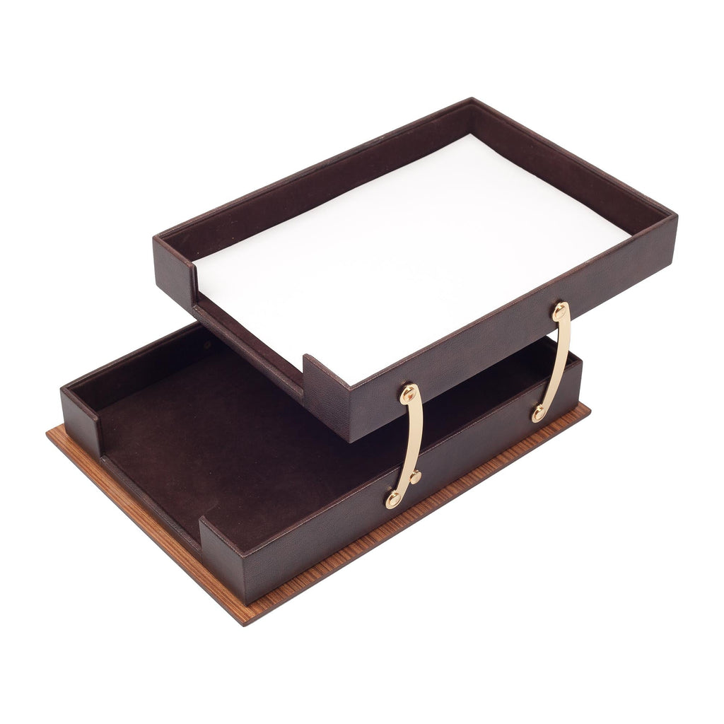 MOOG Star Leather Desk Set -Walnut Wood Combination -Double Document Tray - Brown -11 PCS Moogdesk