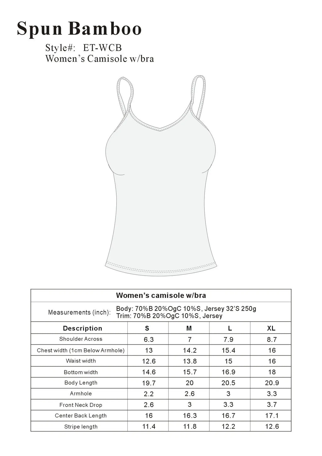 Clearance Women's Bamboo/Cotton Camisole with Shelf Bra Spun Bamboo