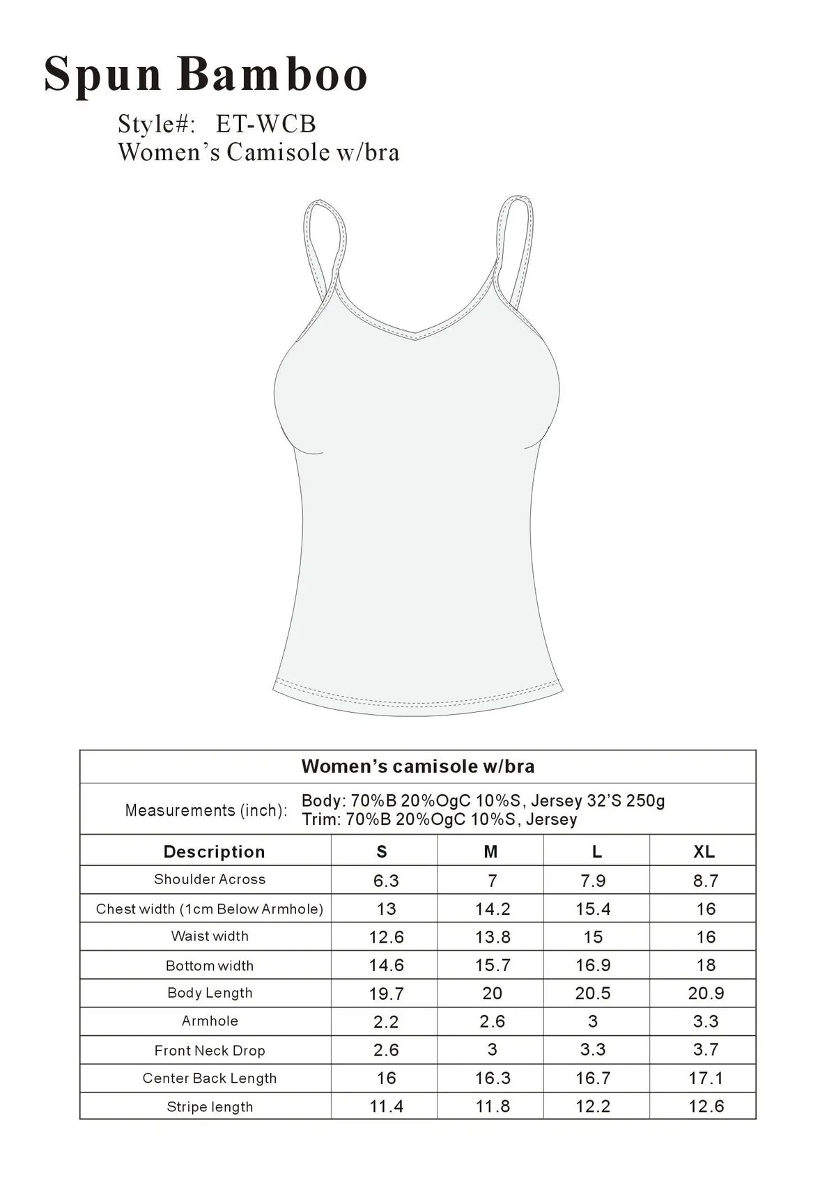 Clearance Women's Bamboo/Cotton Camisole with Shelf Bra Spun Bamboo