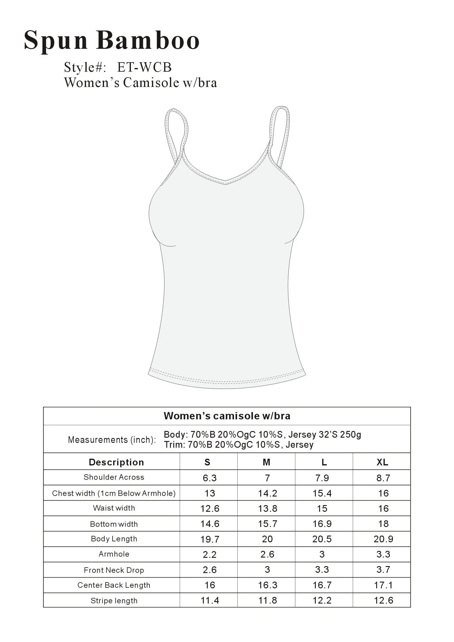 Clearance Women's Bamboo/Cotton Camisole with Shelf Bra Spun Bamboo