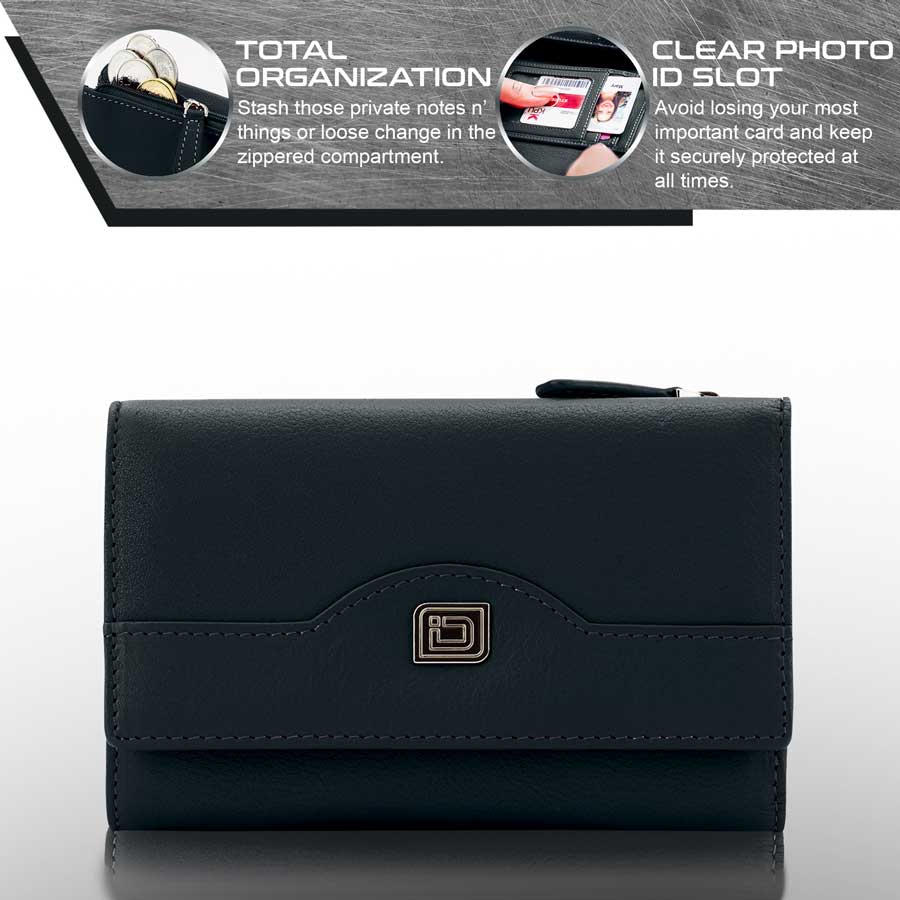 RFID Blocking Women's Leather Trifold Wallet ID Stronghold