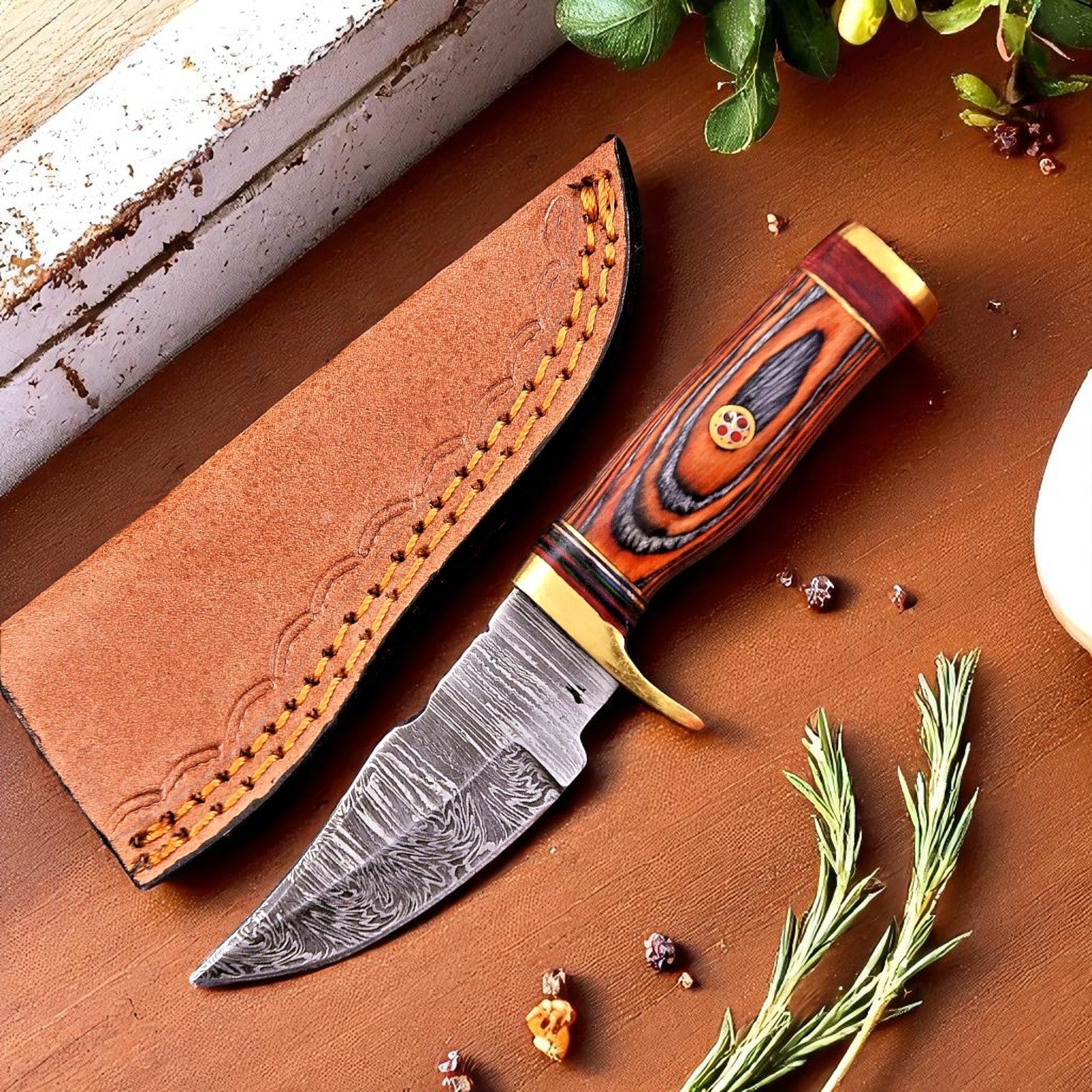 Deer Hunting Knife | Handmade Damascus knife with Wood Handle Damascus Knife Store